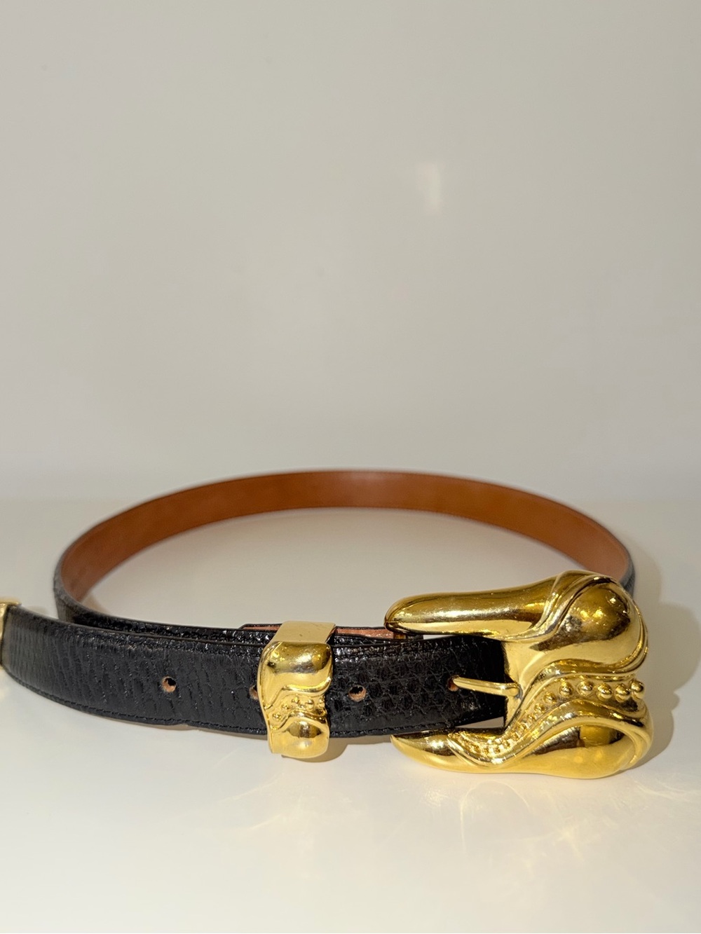 De Sanchez Black Genuine Lizard With Gold-Tone Buckle Belt, Sz 32
